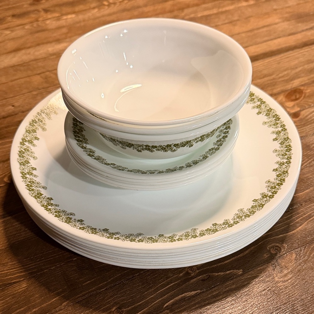 Vintage Corelle White and Green Dinnerware Set